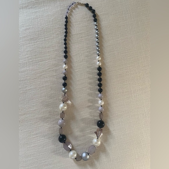 Chunky Beaded Black/White/Grey Long Fashion Necklace - Picture 1 of 3